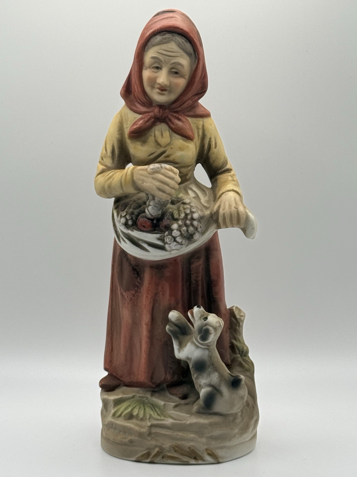 Vintage Homco 1417 Figurine Old Lady Gathering Fruit Basket with Puppy Dog 8″