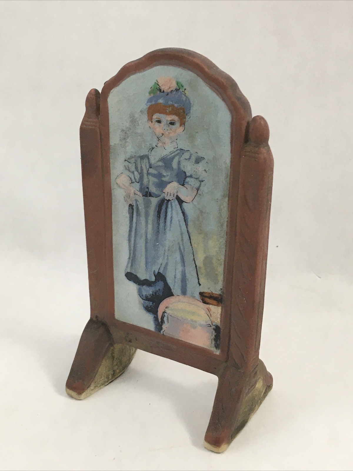 Girl in Mirror Blue Dress Porcelain Mirror Figure Hand Painted 3.75″ Decorativ