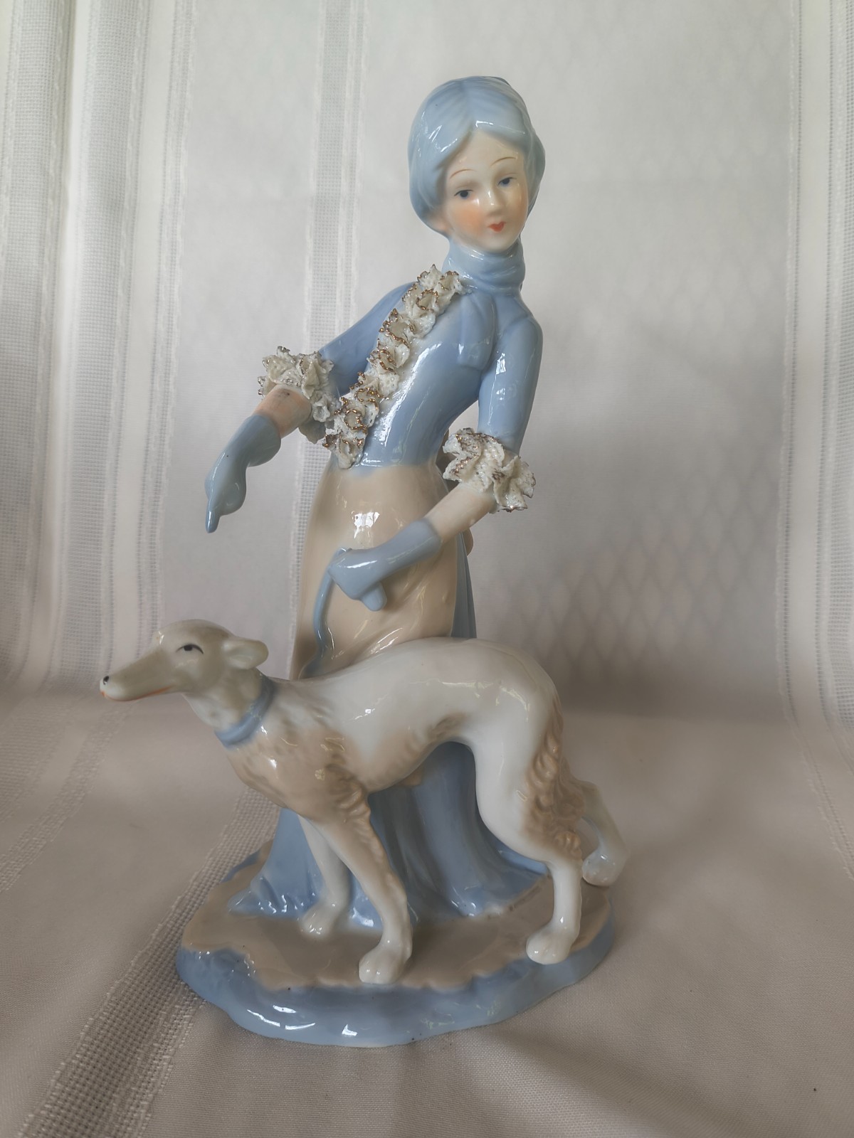 Vintage Handogemalt german porcelain lady with greyhound dog