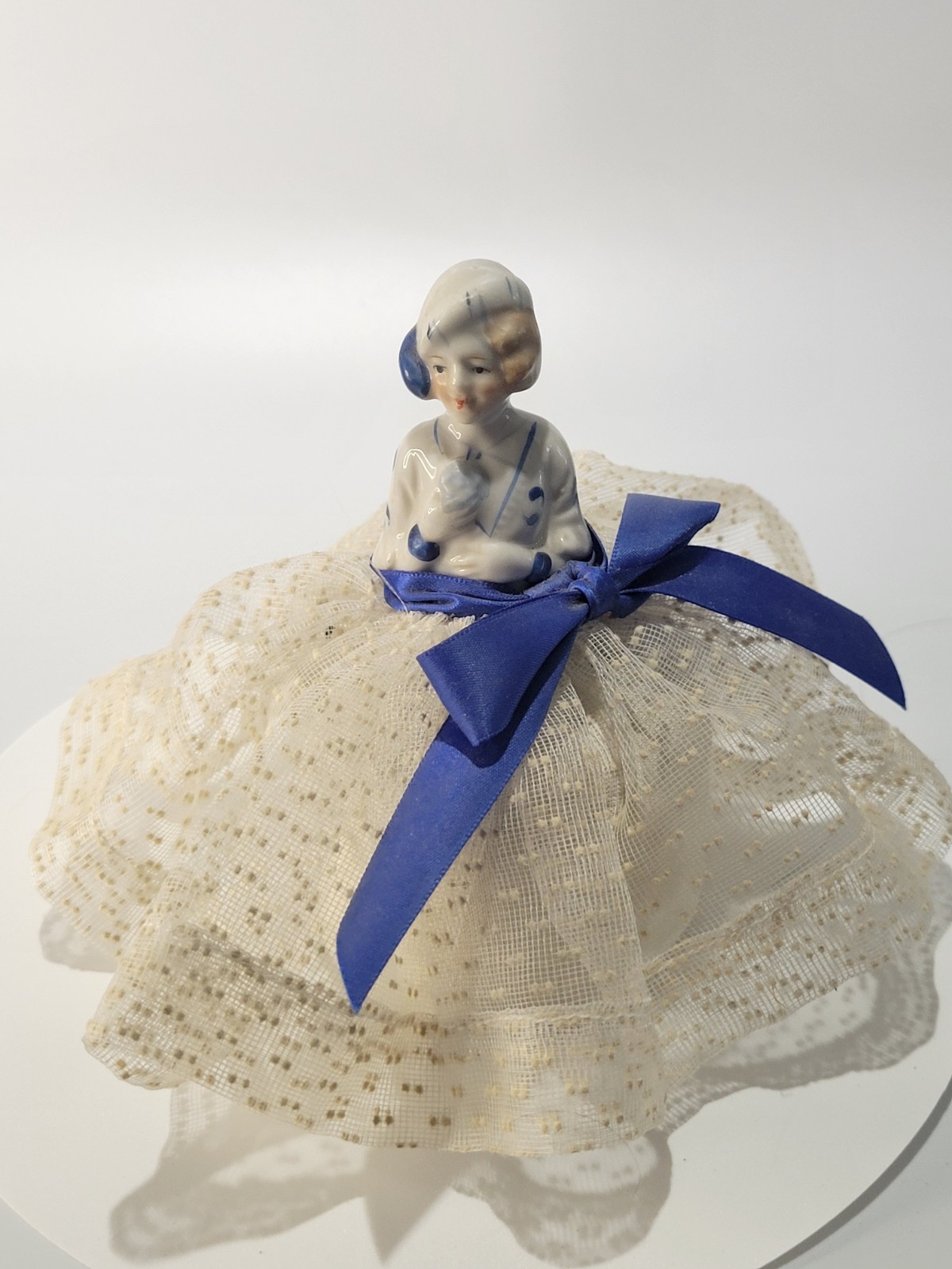 Japan Porcelain Half Doll Pincushion Flapper Blue Lace Dress Art Deco