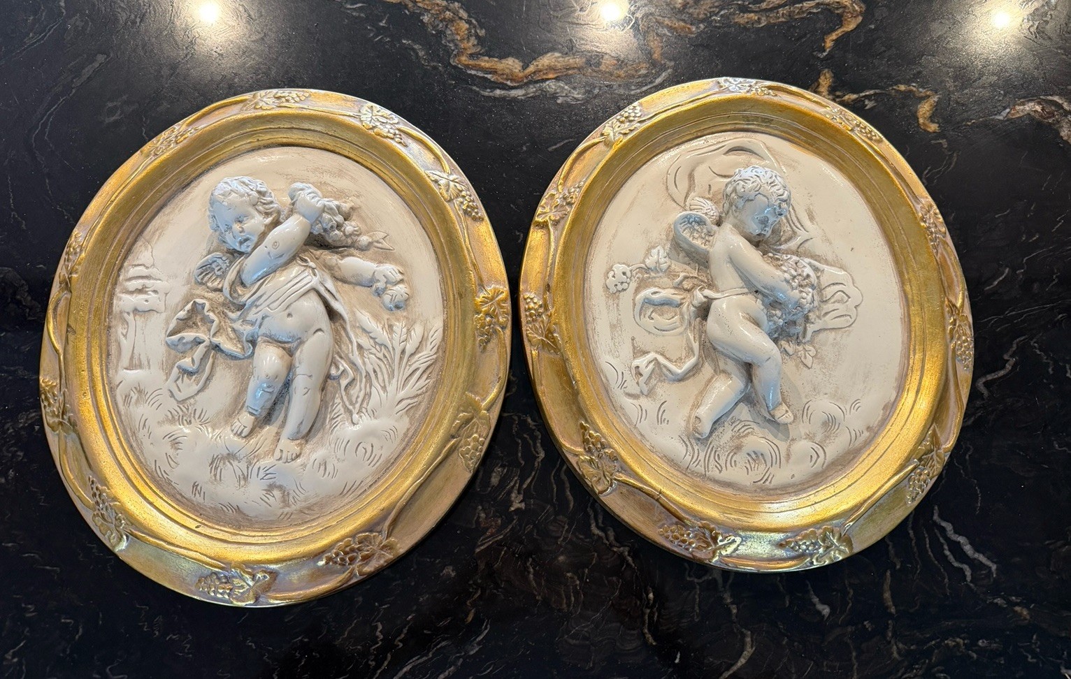 2 Antique Vtg Plaster Chalkware 3D Wall Plaques Cherub Gold Grape Leaf Frame