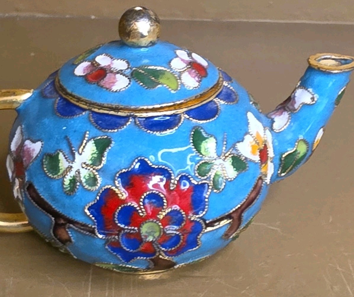 Mini Cloisonné Teapot Enamel Floral Metal Multicolor Petite Butterflies