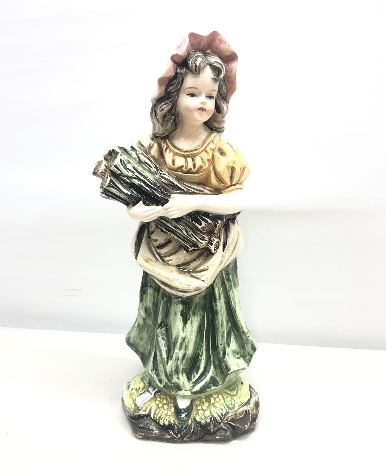 Vintage Pacific Japan Girl w/Wood Figurine Porcelain Green Dress Red Bonnet