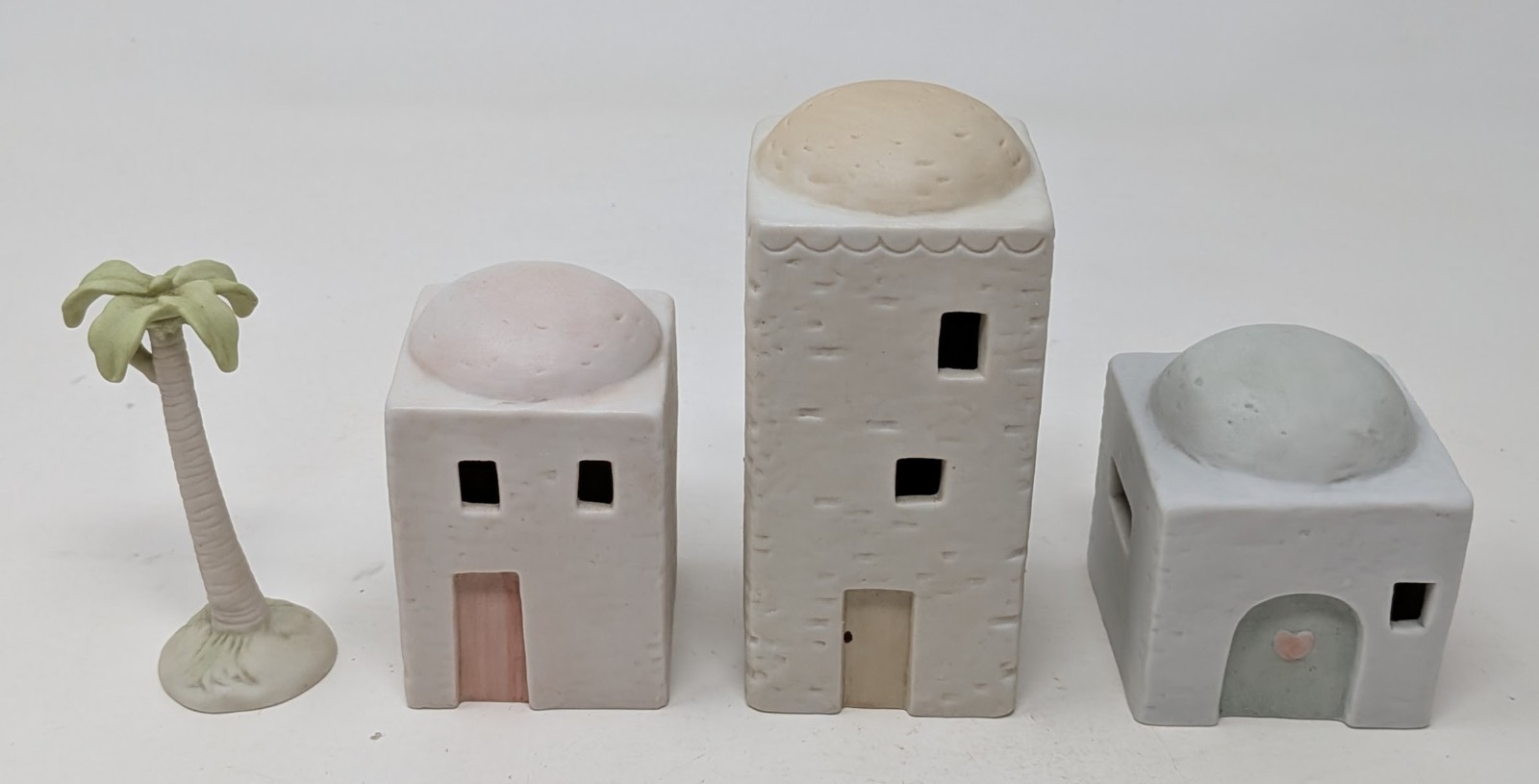 Precious Moments 4pc Set THREE BUILDINGS W/ PALM TREE Nativity E-2387 1982
