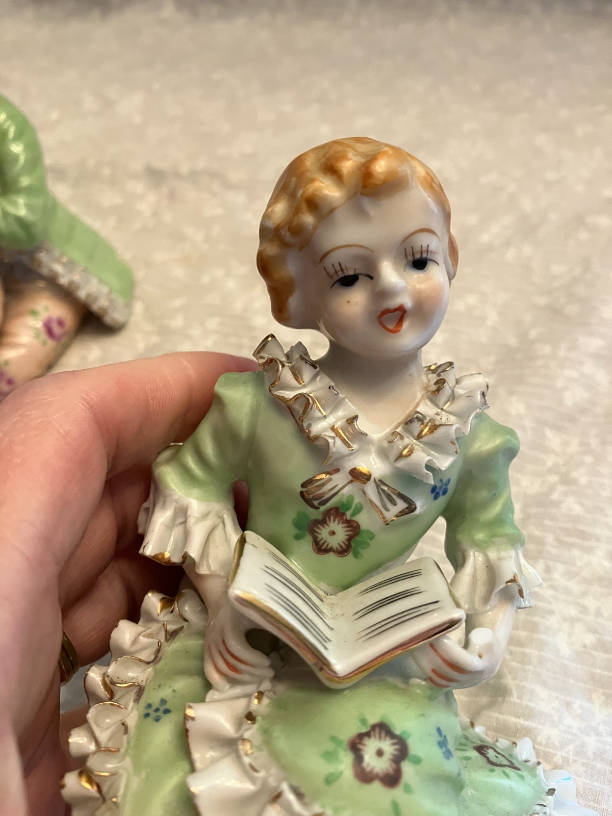 vintage Wales porcelain. Meissen style bone china. Lace boy with flute and girl