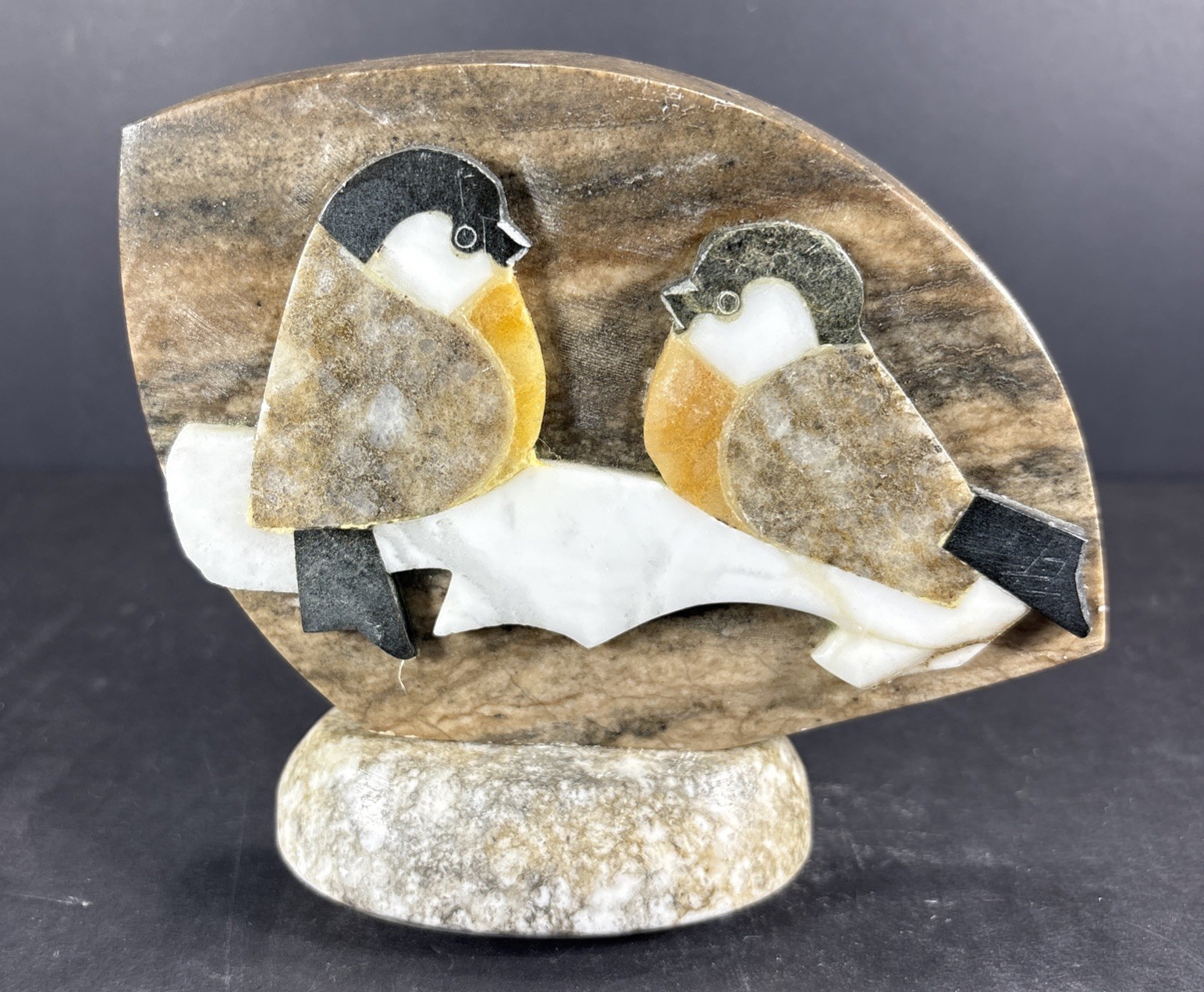 Vintage Carved & Polished Stone Soviet Folk Art Inlay Birds Paperweight 1960 6”