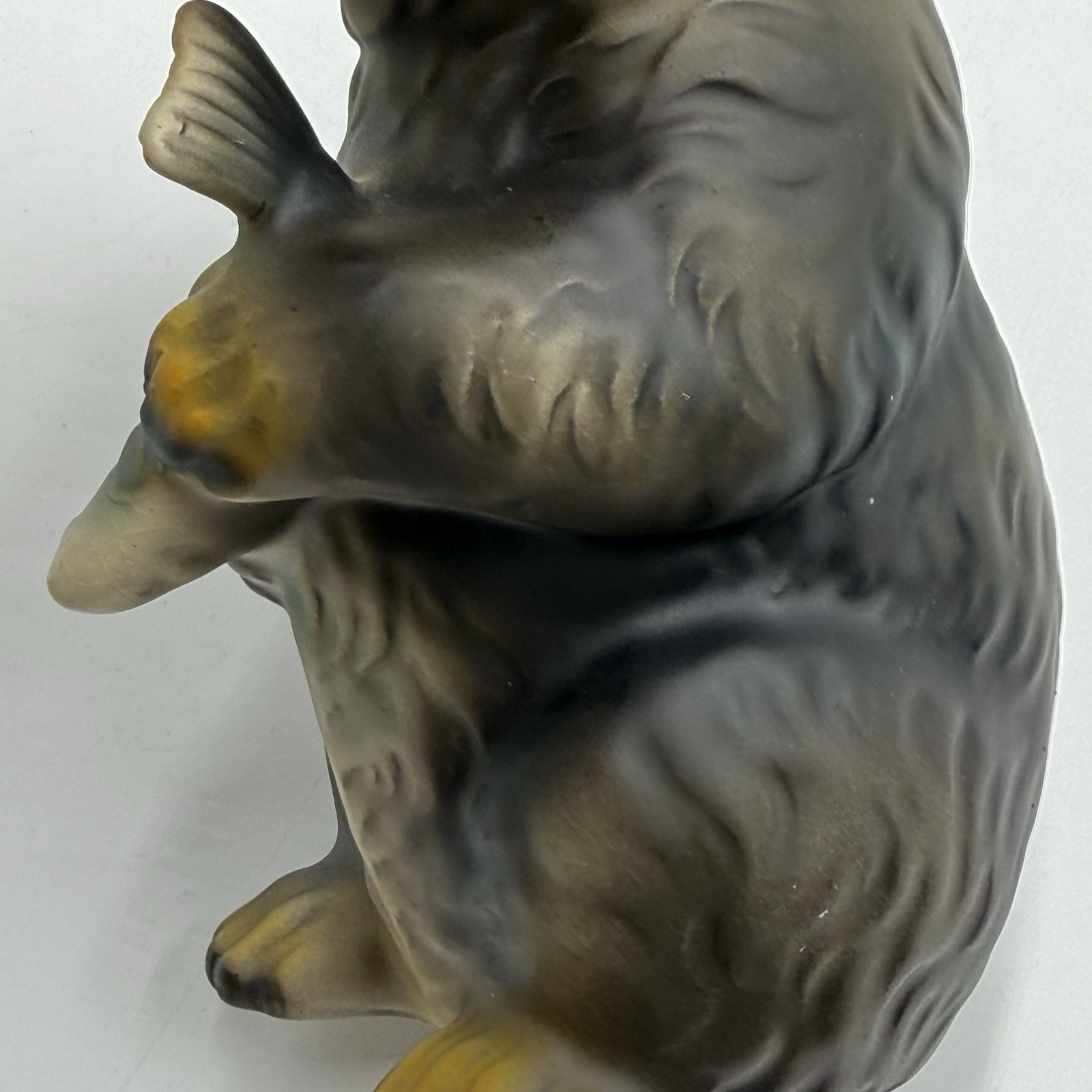 Brown Black Bear Holding Fish Ceramic Vintage Figurine Matte Finish
