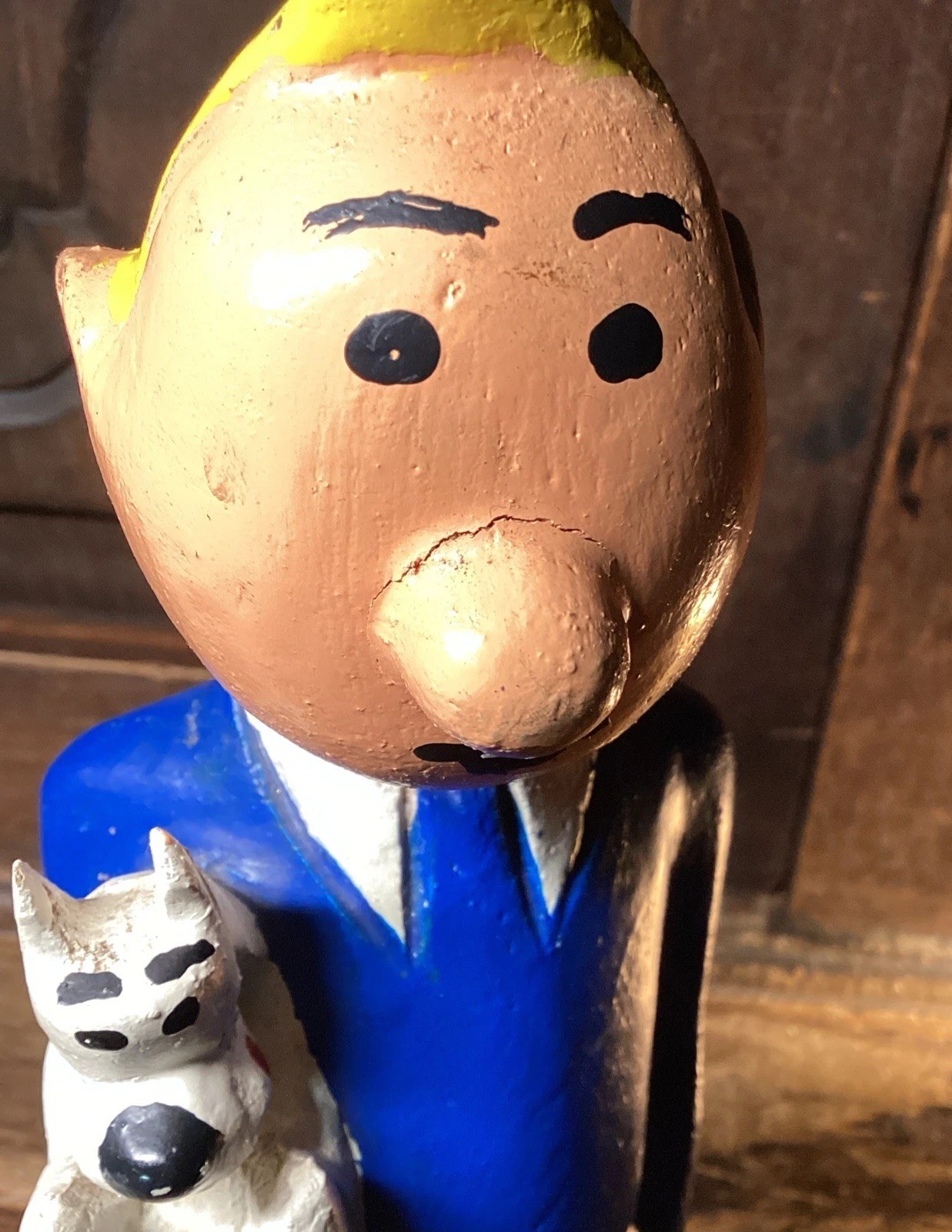 Tin Tin And Snowy (Milou) In French Hand Carved And Painted Wood Figurine Statue