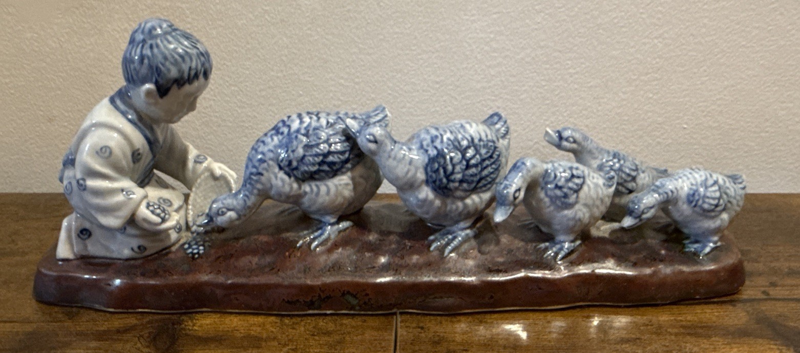 Vintage Chinese delft porcelain Figurine Woman Feeding Ducks Chinoiserie Art
