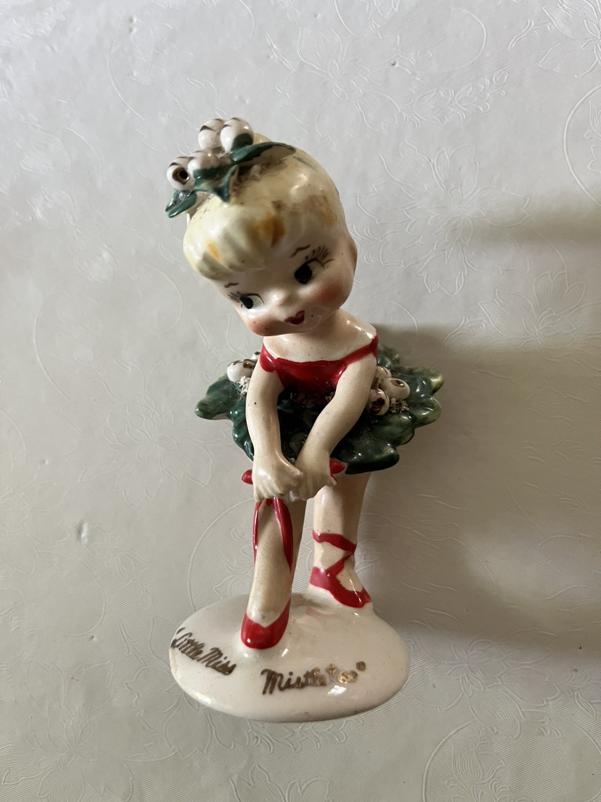 Vintage Lefton Little Miss Mistletoe Girl Ballerina Figurine 1950s Christmas