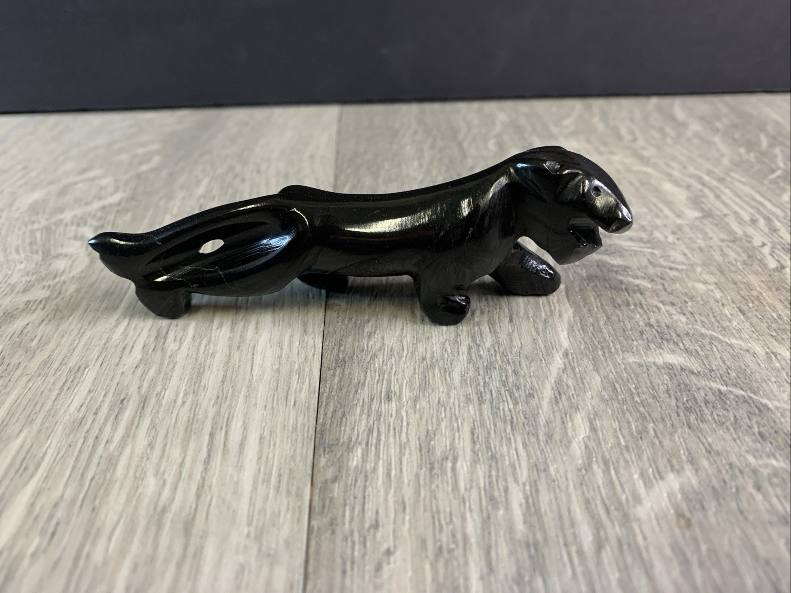 Vintage Hand Carved Black Onyx Marble Jaguar Panther 4.25 in Figurine