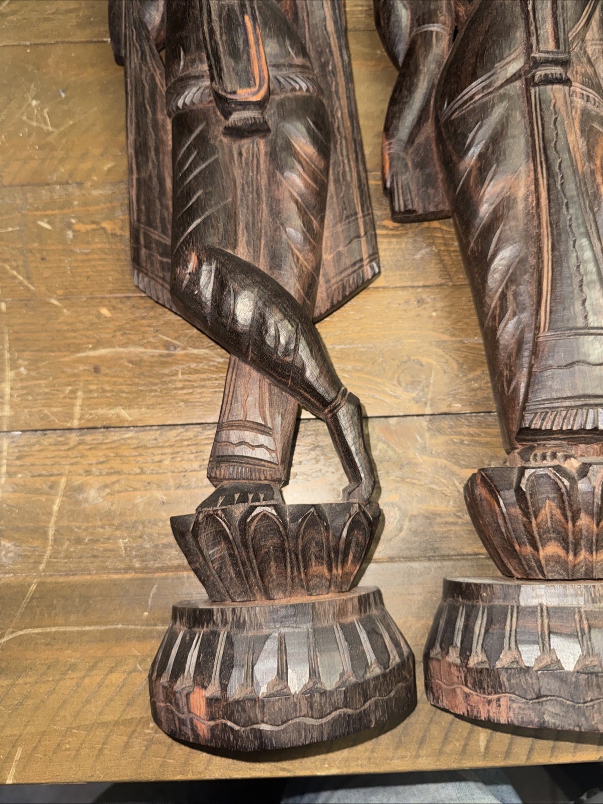 Rare Pair of Burmese Wood Carved Bodhisattvas Asian Deity Wall Hanging
