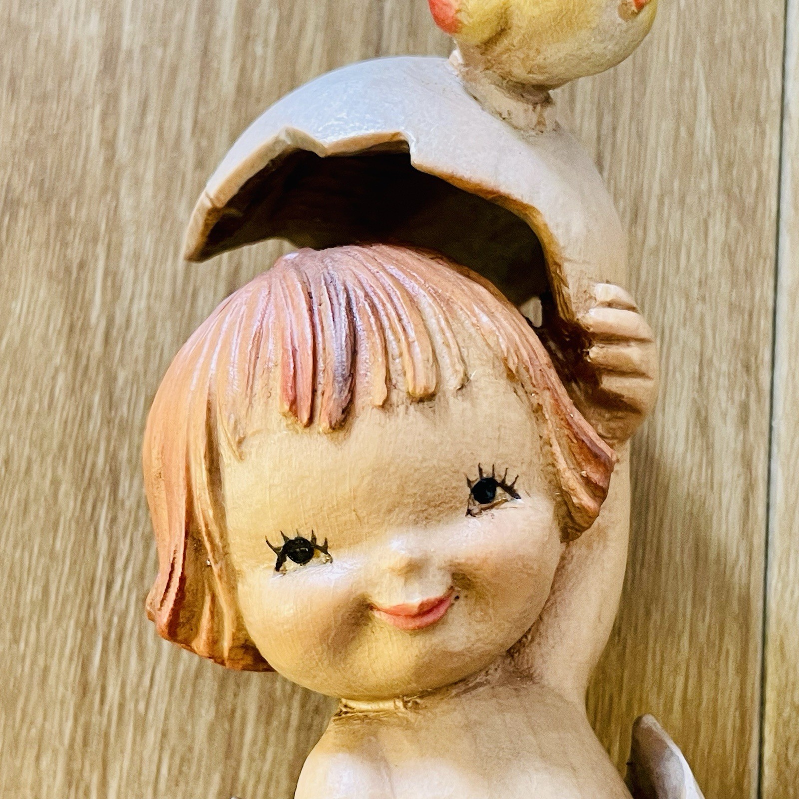 Anri Wood Carving Doll Girl in Egg by Ferrandis, approximately 13.5cm