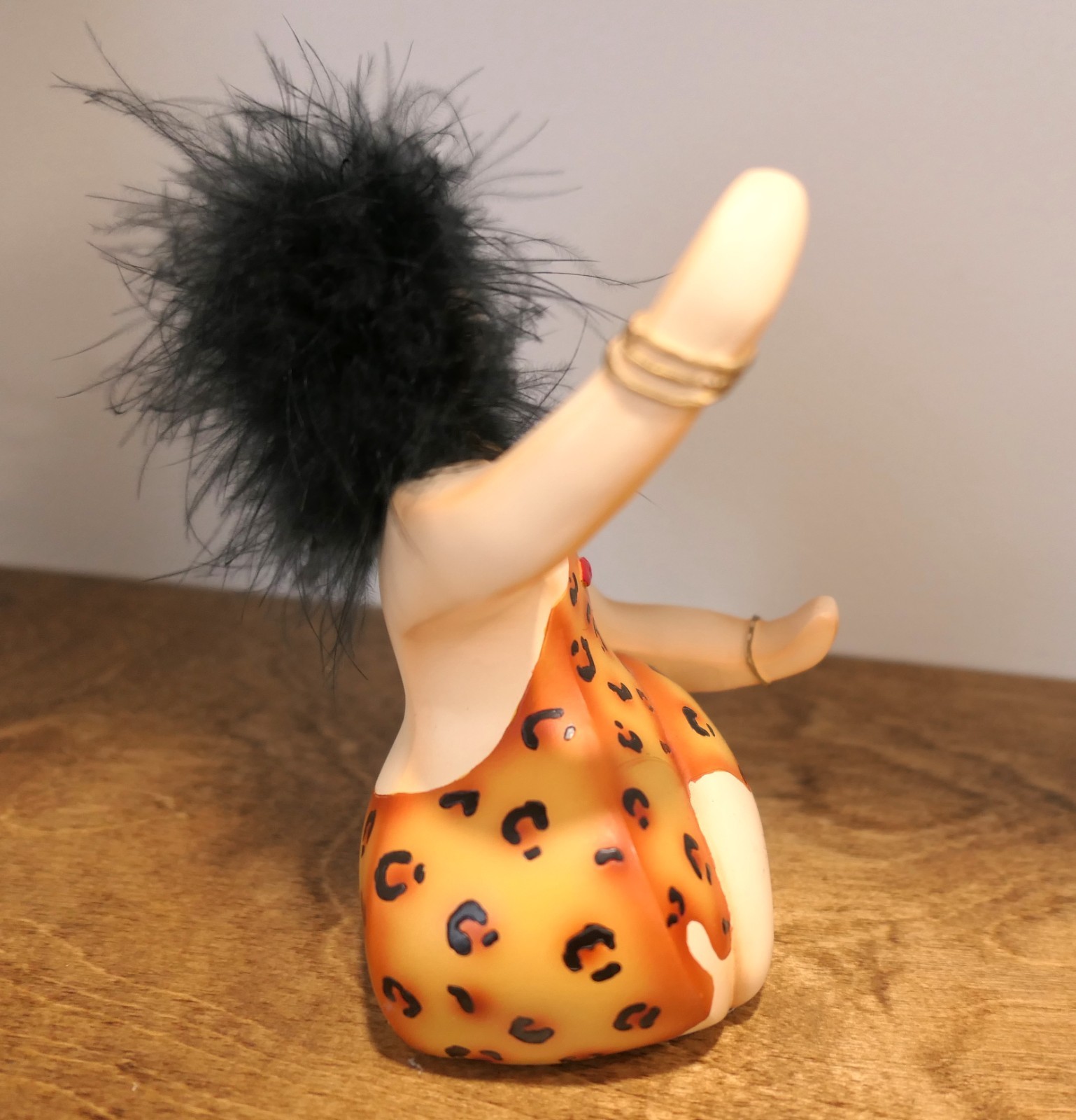 Kitschy Lady Figure Zen Yoga Pose Animal Print Dress Real Feather Hair