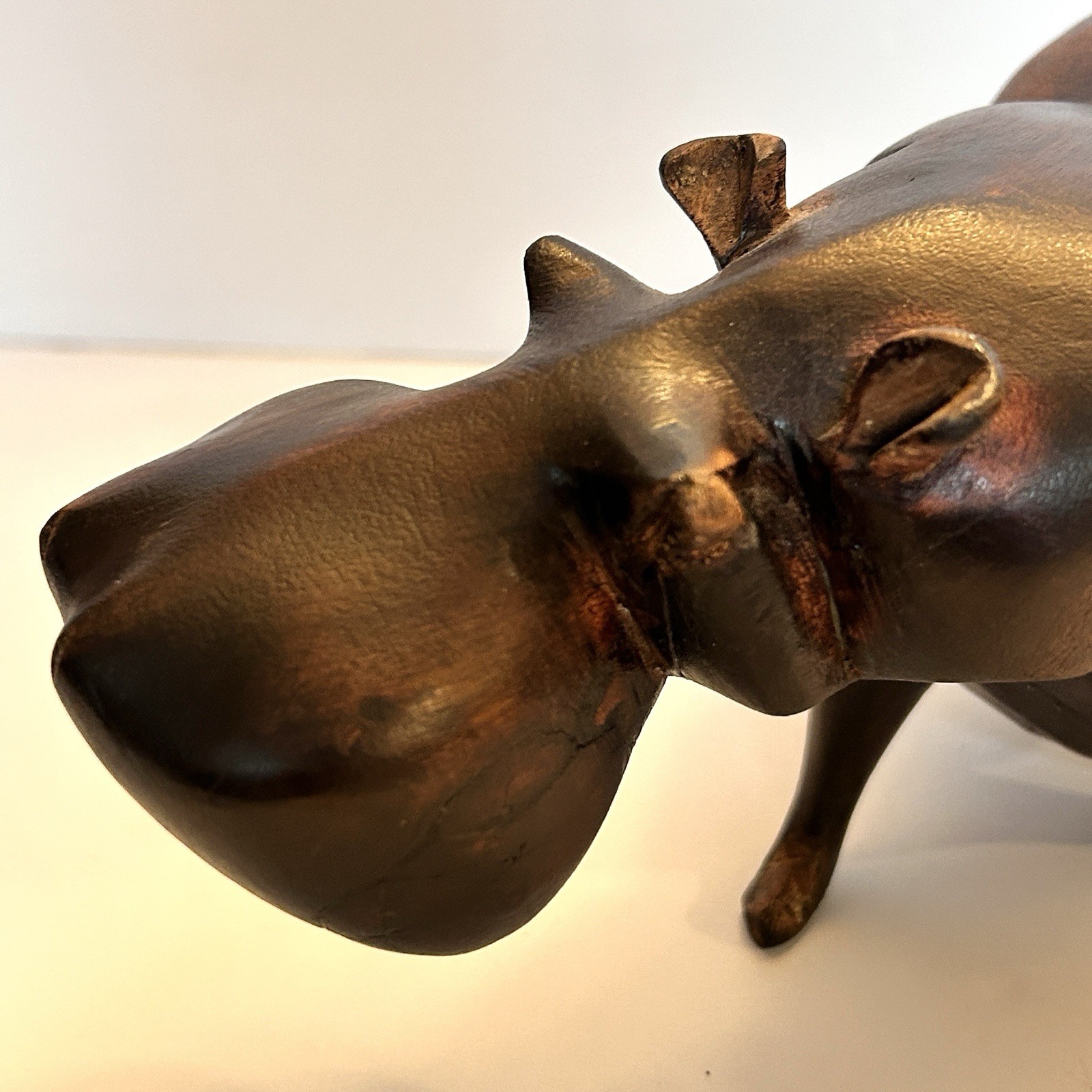 12” Vintage Hand Carved Hippopotamus Sculpture of Solid Wood READ