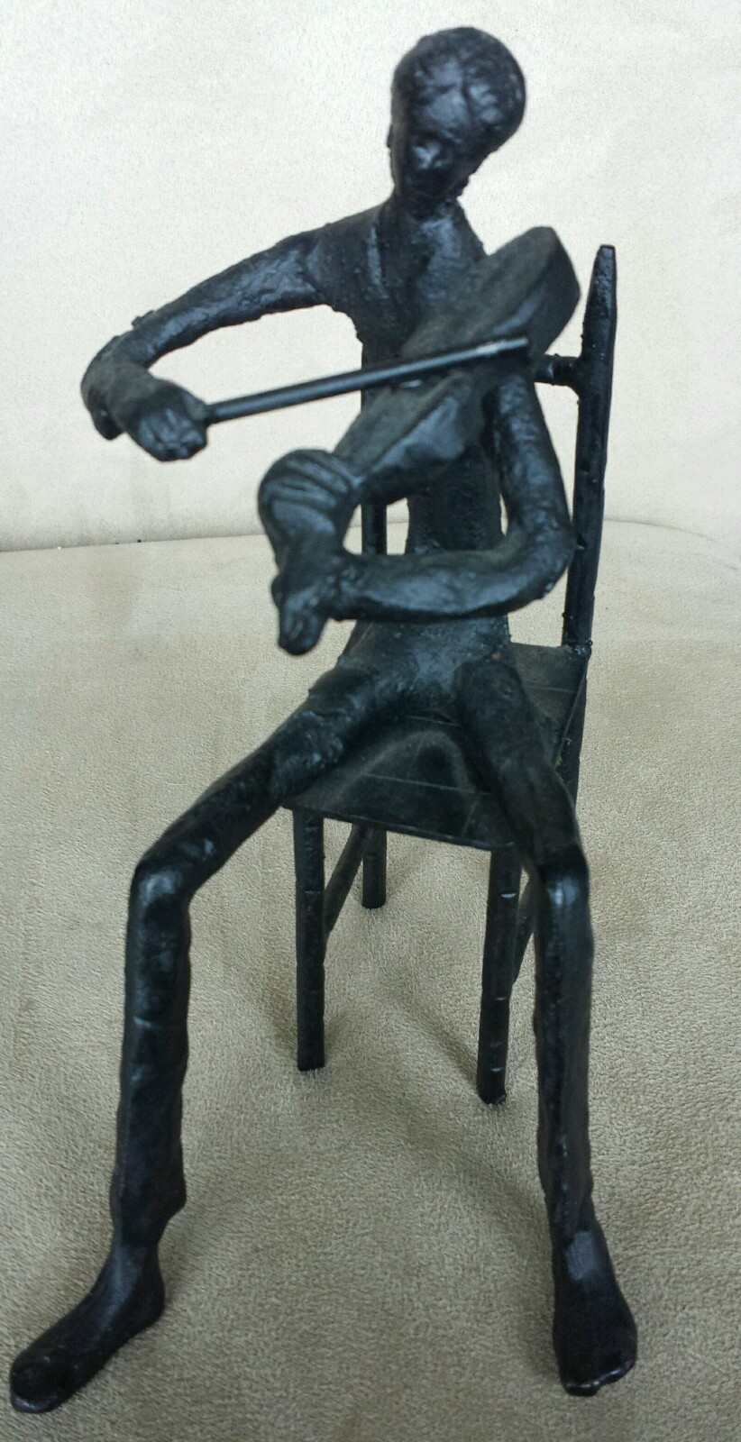 Vintage Black Cast Bronze Sculpure Sitting On Chair Playing Violin Figurine