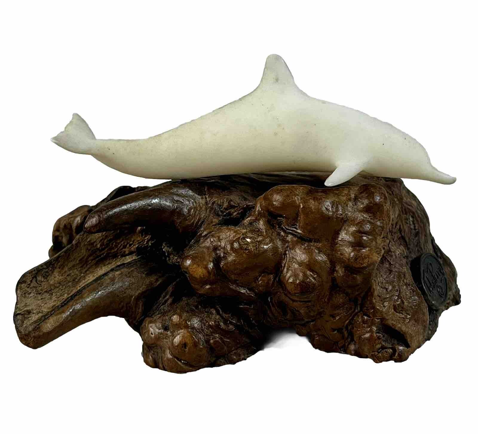 John Perry Dolphin Sculpture Figurine on Burlwood Drift Wood Base 5″