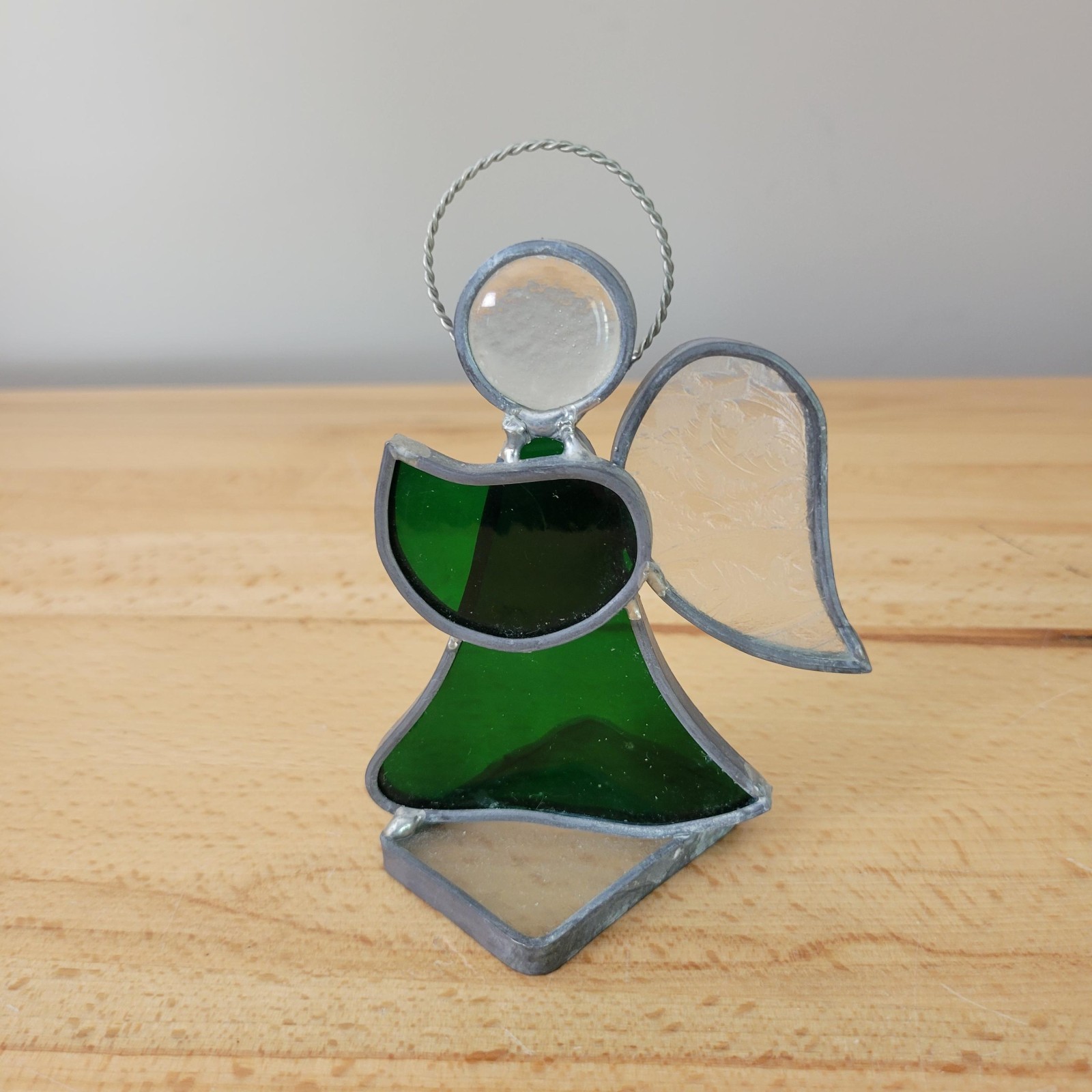 Vintage Free Standing Stained Glass Angel Figurine Suncatcher Green 4.5”