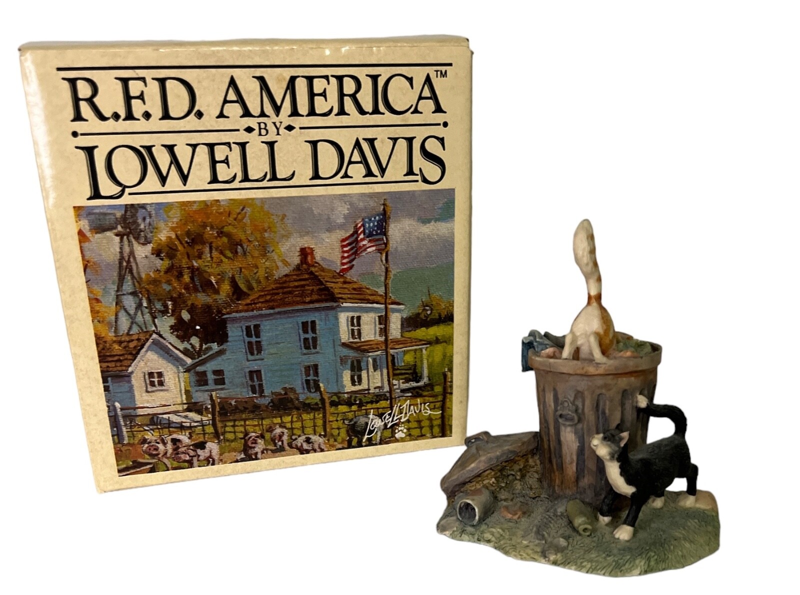 1986 Lowell Davis Signed Schmid Figurine Bottoms Up Cats in Trash Can Hand Made