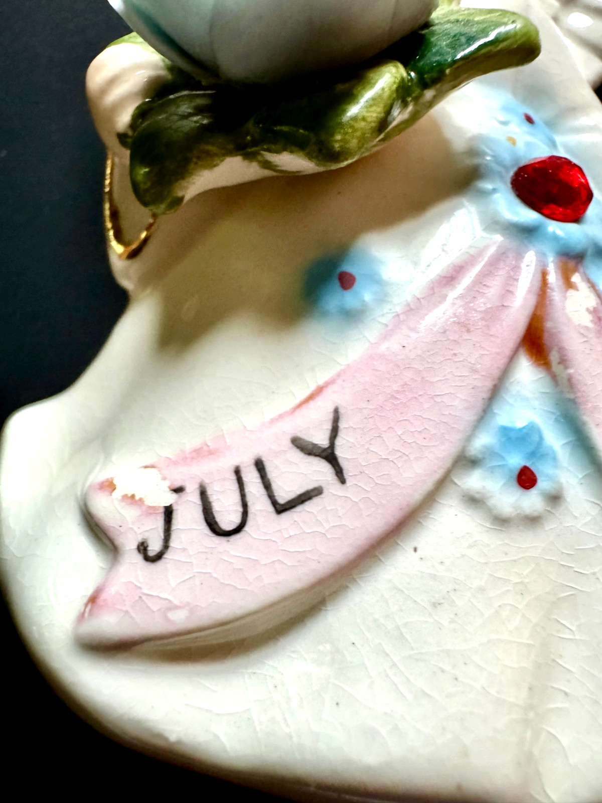 VTG 1950s Lefton Ceramic July B-Day Angel w/Red Stone & Blue Flower #6224 Japan
