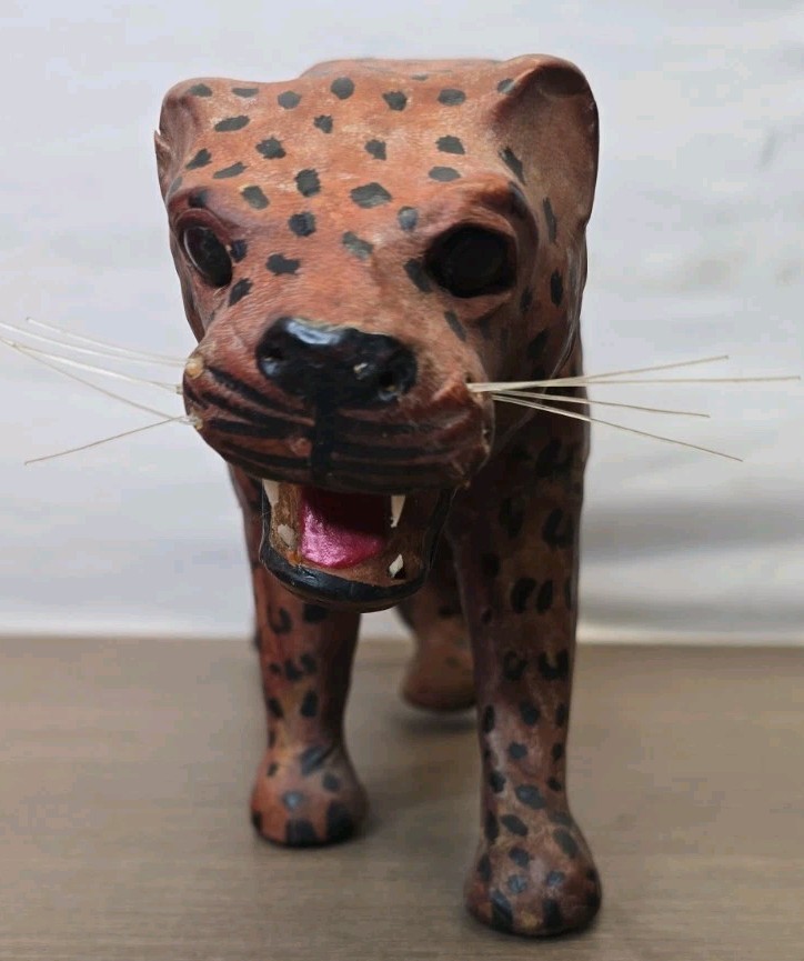 Vintage Leather Wrapped Jaguar Leopard Panther Cheetah Whiskers Teeth Glass Eyes