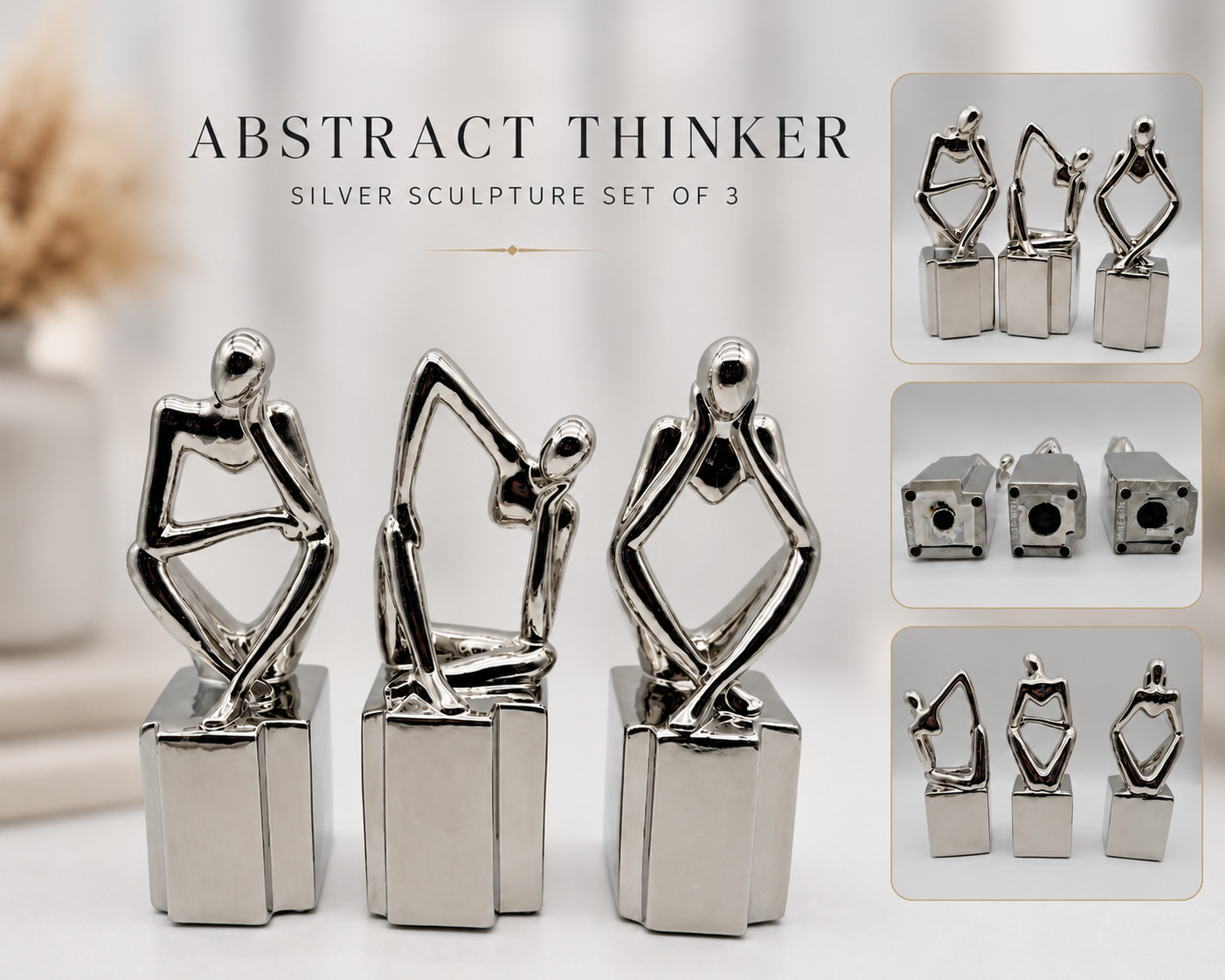 UMA CosmoLiving Silver Abstract Thinker Sculpture Statues Set of 3 Chrome Decor