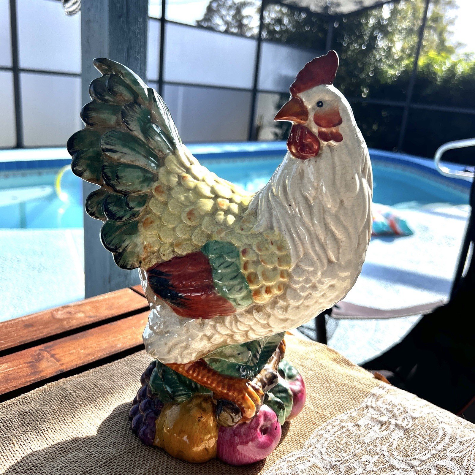 Ceramic Hen Figurine Green Feathers W/ Grapes Fruit 11′ 1950’s Chicken