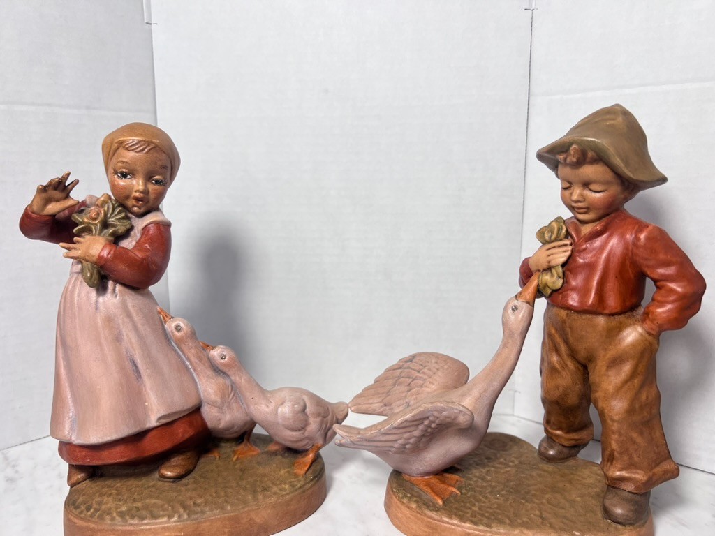 2 Holland Mold Boy and Girl with Geese Figurines 9″ Flawless RARE Colors