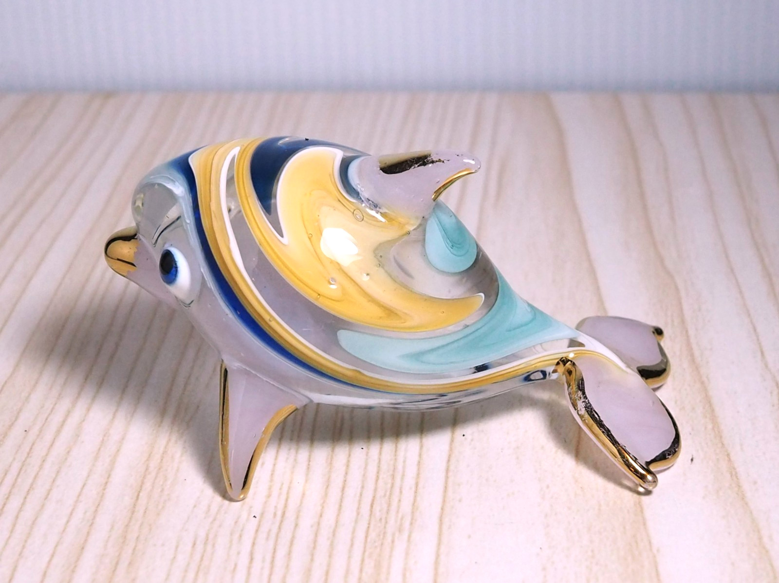 Pink Dolphin figurine handmade blown art glass gold trim 3.5 inches Gift decor