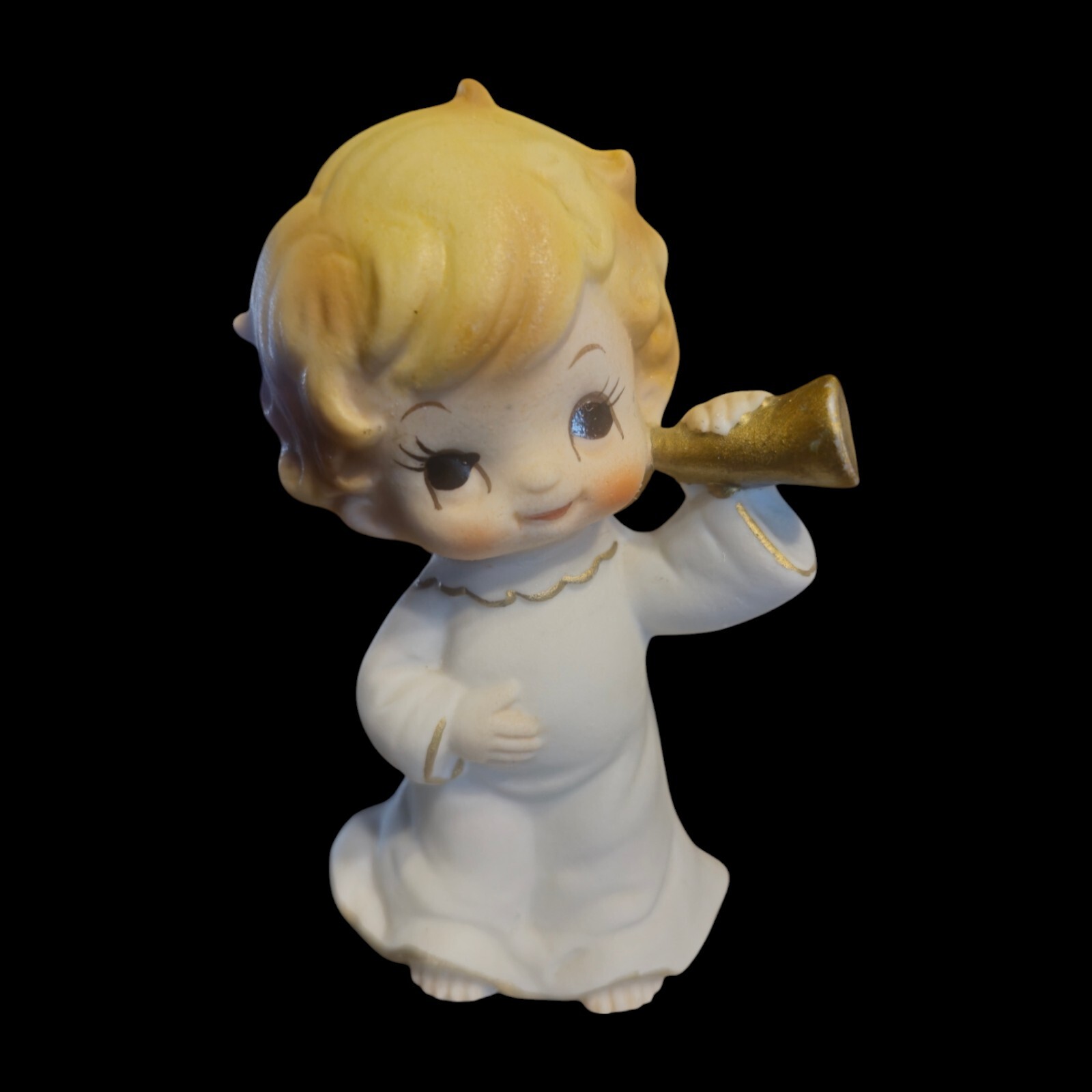 Vintage Angel 3.75″Porcelain Figurine Big Eyed Holding Horn to Ear Made in Japan