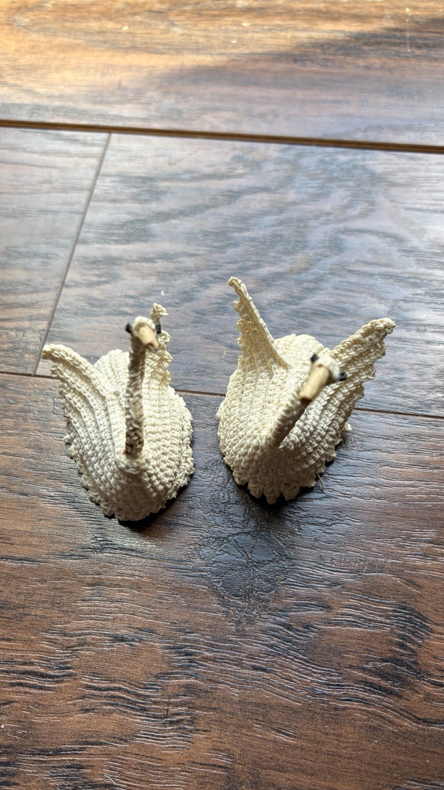 Vintage Handmade Crocheted Yarn Swan Figurines Beige Set of 2