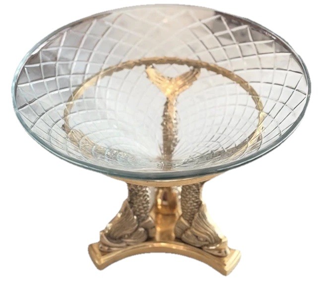 Vintage Solid Brass Stand Display Three KOI w/Diamond Cut Bowl 9”h X 11.25” Dia.