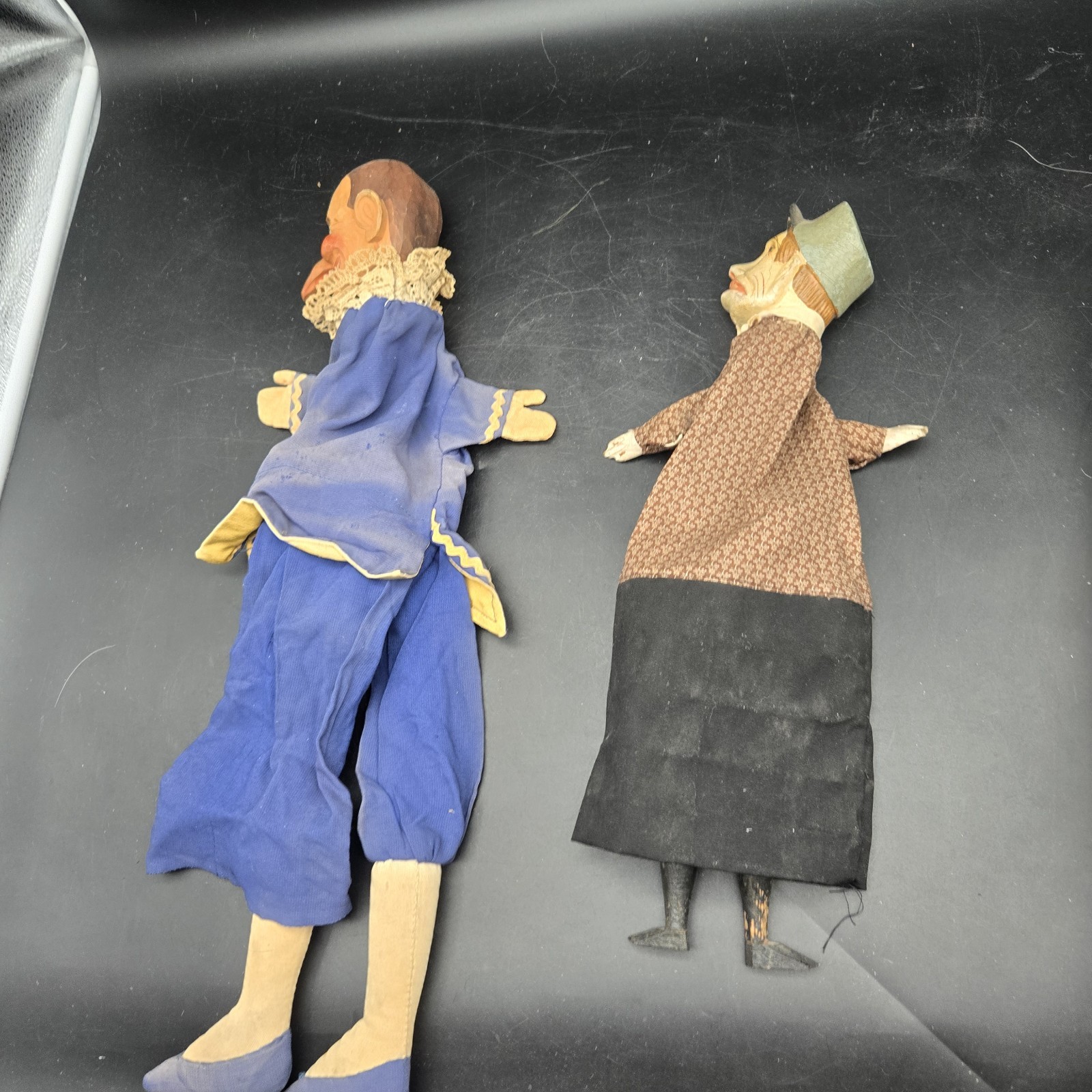 Vintage Hand Carved Wooden Head Hand Puppets Lot of 2 Clown & Character Folk Art
