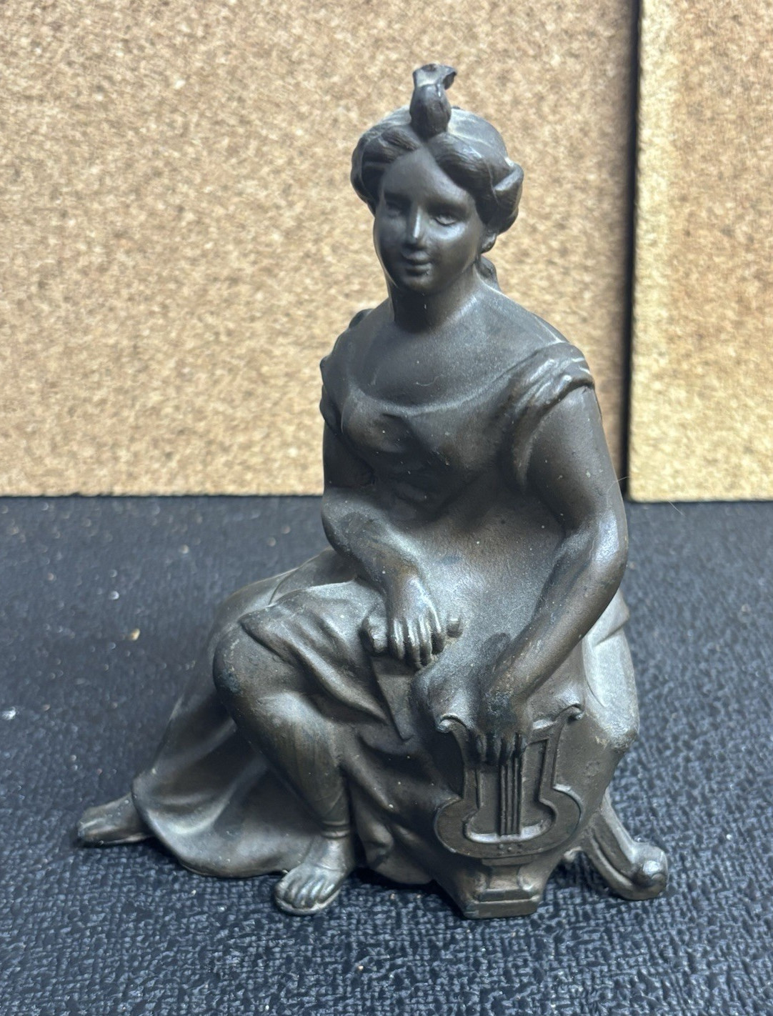VINTAGE SPELTER CAST CLOCK TOPPER WOMAN WITH HARP LYRE STATUE 6.5″