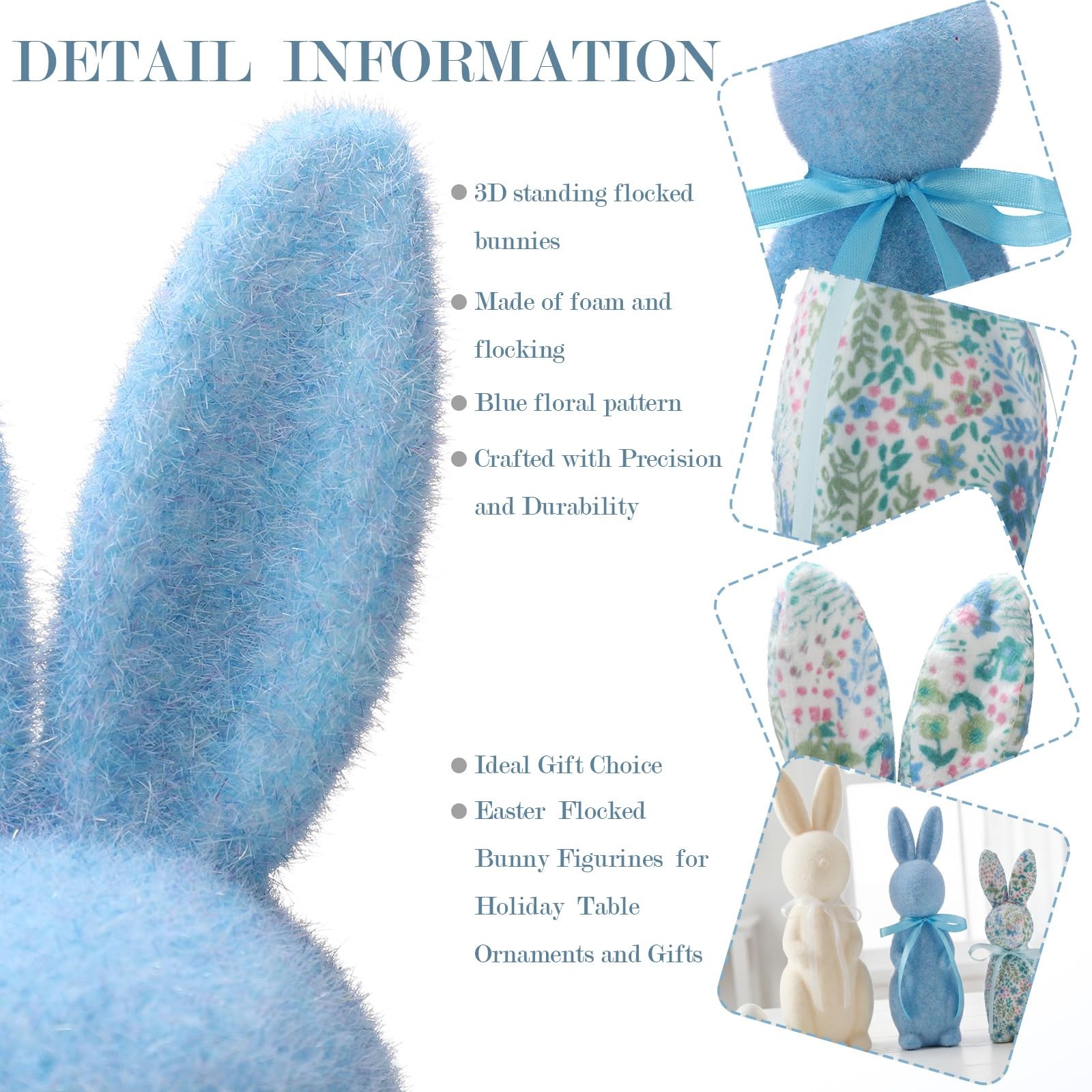 Flocked Bunny Easter Decorations 9/10/13 Inch Rabbit Statue Spring Decor 3 PCS