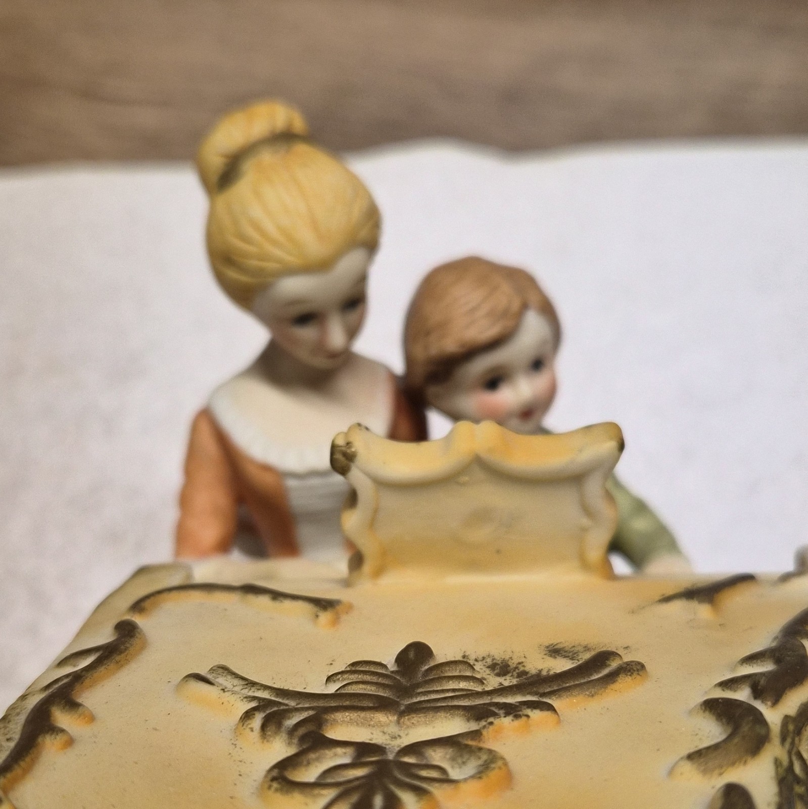 vintage Lenwile Ardalt Art Ware hand-painted porcelain music box woman and boy.