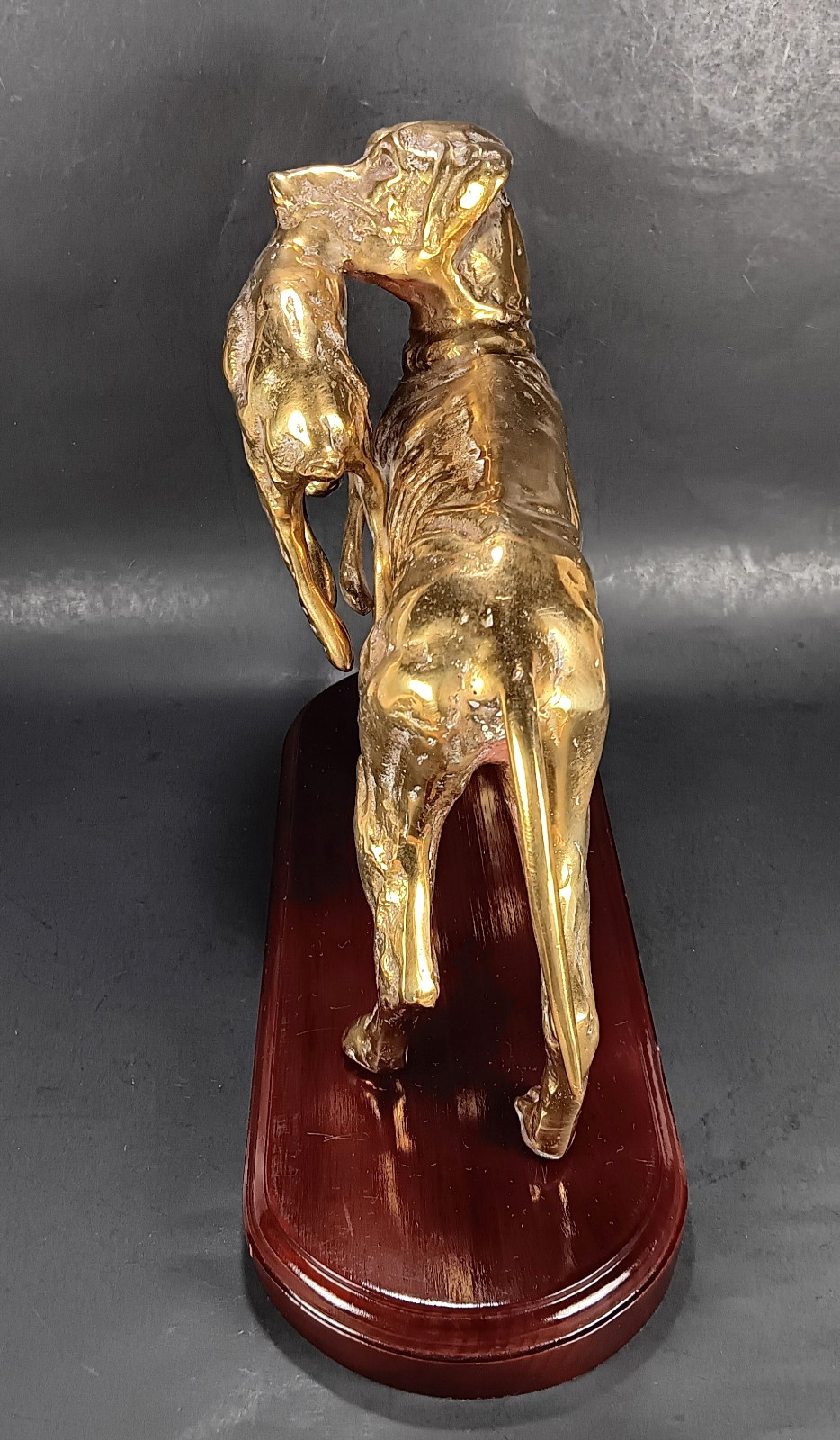 Brass Hunting Dog Statue w/Hare Rabbit Sculpture on Wood Base Vintage