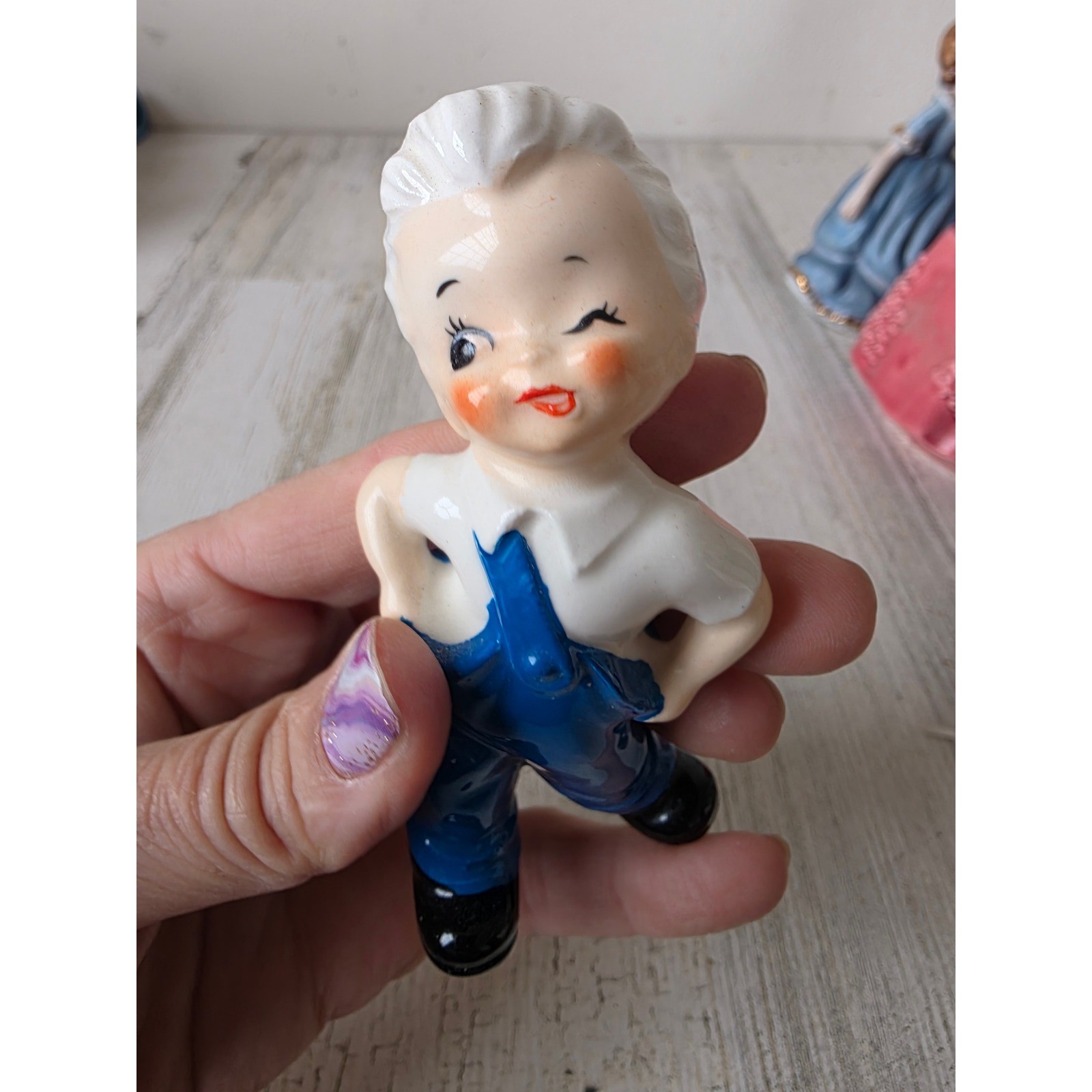 Vintage Japan boy overalls gray hair statue figurine