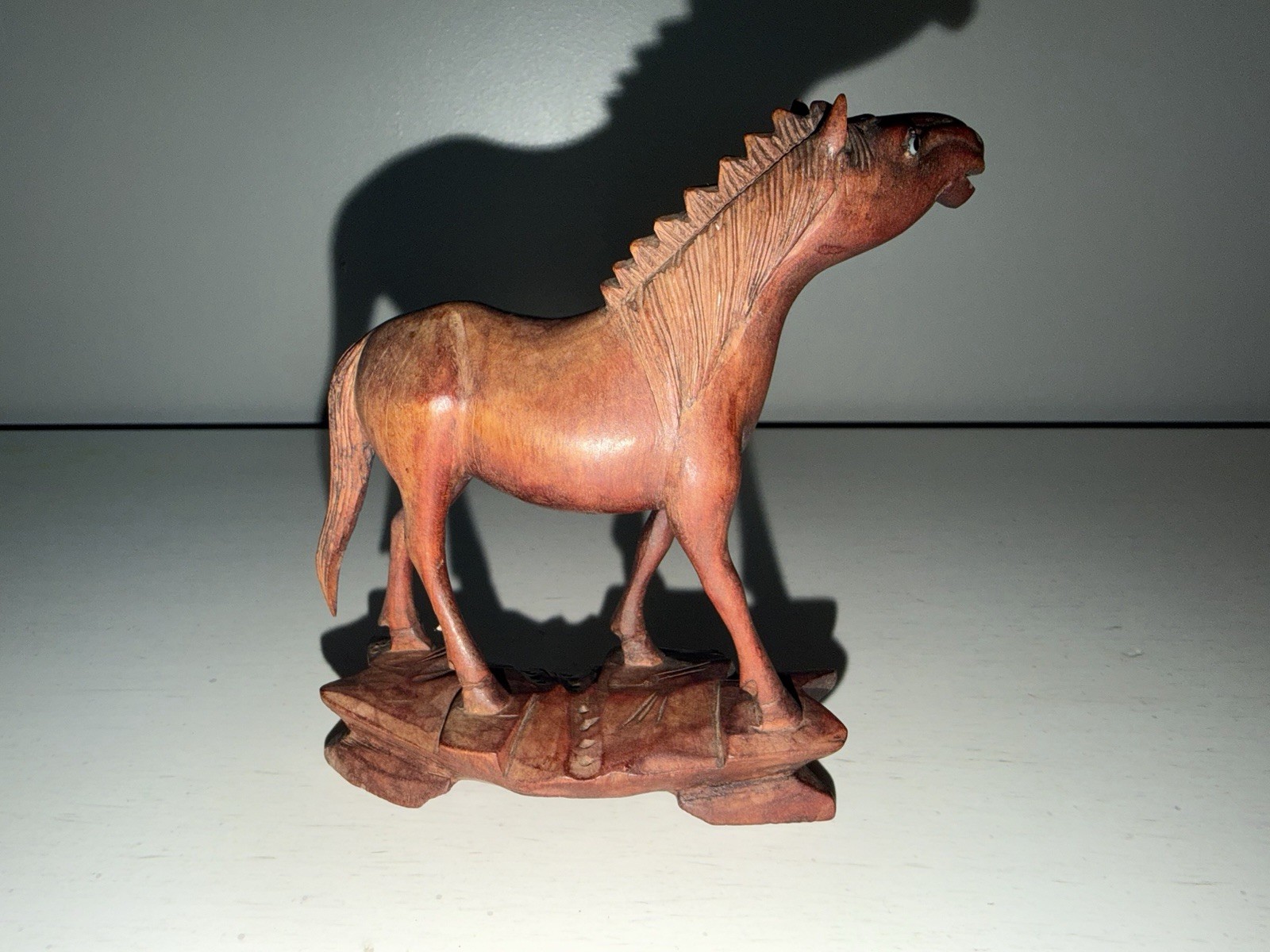 Vintage Minature Chinese Carved Wood Horse Asian Art Figurine 3.5 In Glass Eyes