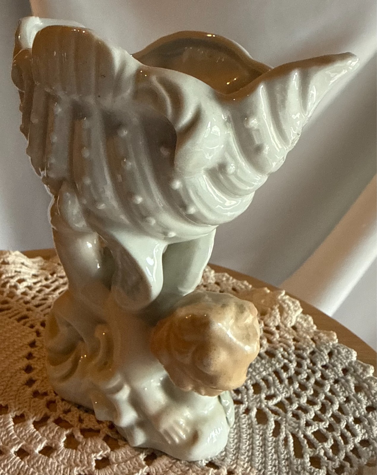 Vintage Occupied Japan Bisque Angel/Cherub Shell Planter roses gold painted