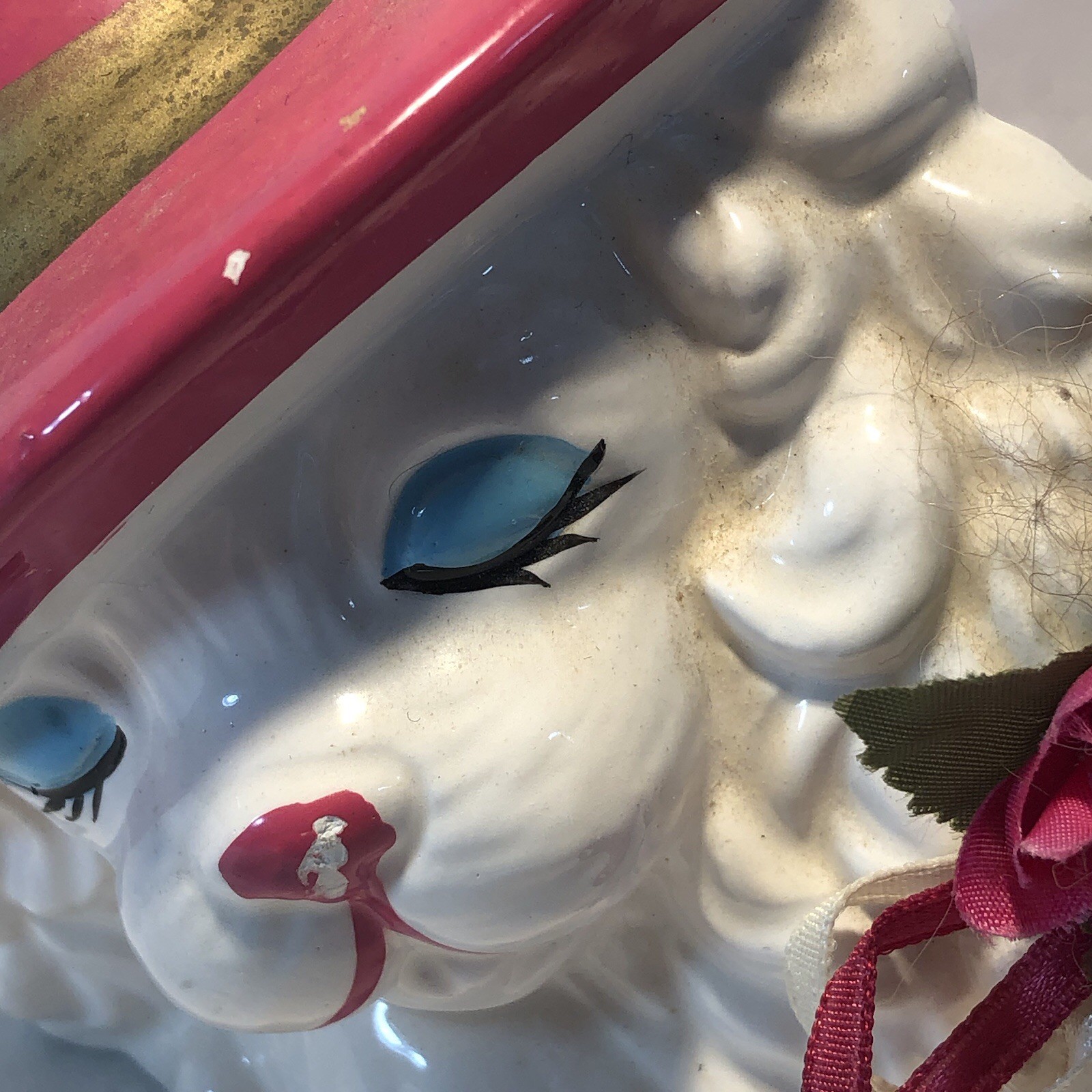 Ceramic Sleeping White Dog Figurine w Pink Hat and Sprig of Flowers Taiwan