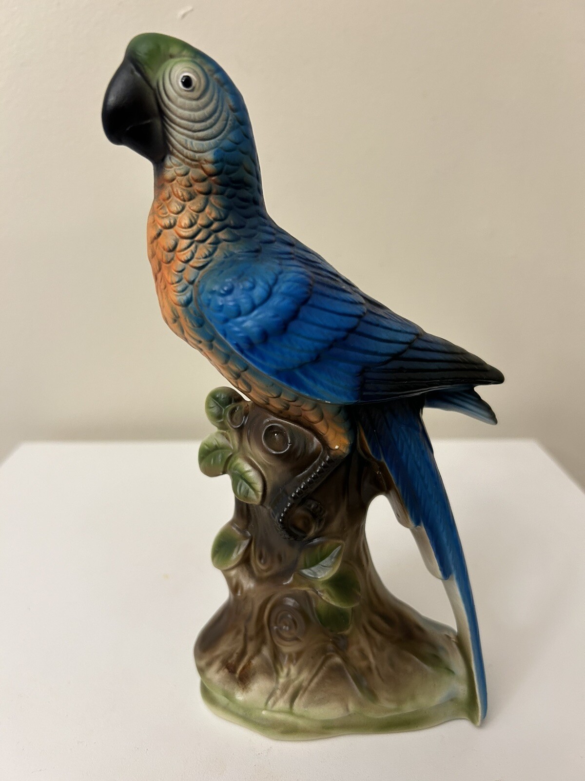 Stunning Vintage 8” Parrot Ceramic Green Blue Orange Bird Branch Figurine Japan