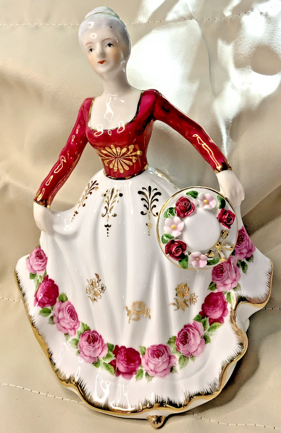 VTG Vintage Lady Figurine Red Pink Gold Floral Dress Lily Creek Landing