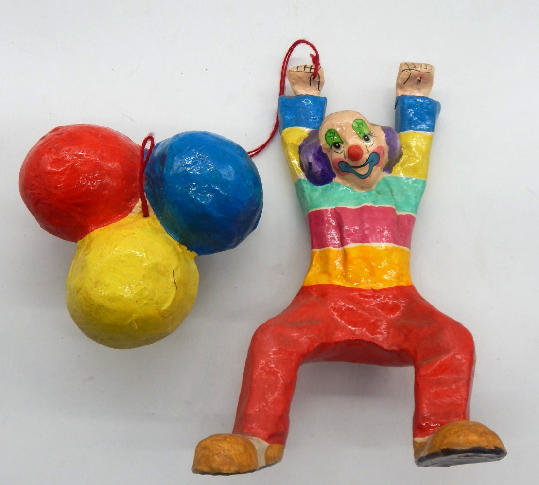 VTG Mid Century Paper Mache Happy Clown Figure Holding Balloons Wall Art Mexico