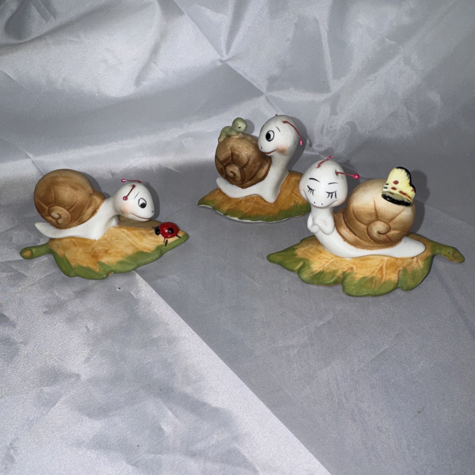 3 Snails On Leaves Figurines Homco Butterfly ,Worm And Ladybug