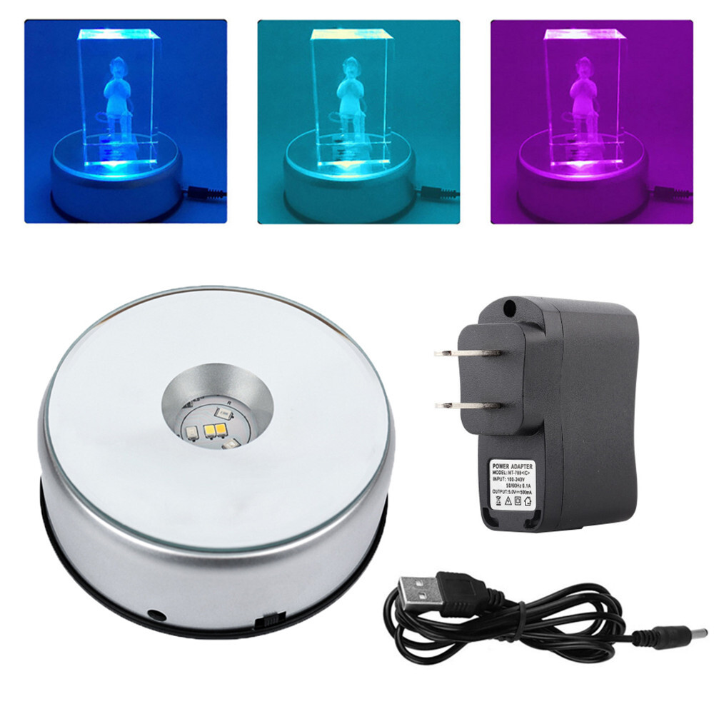 360 Rotating 7 LED Colorful Round Crystal Light Base Display Stand Holder 4Inch