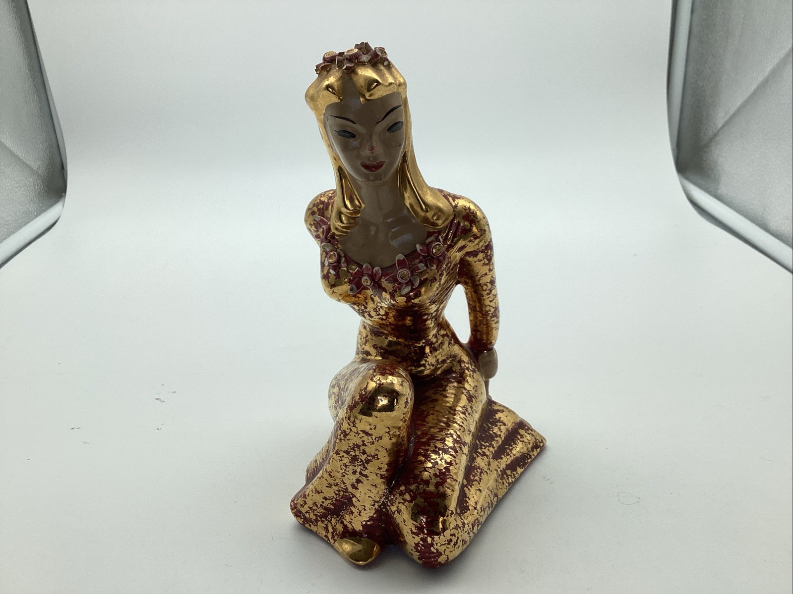 Vintage 1950’s Yona Pottery California Gold Lady Figurine Kneeling 7.5”