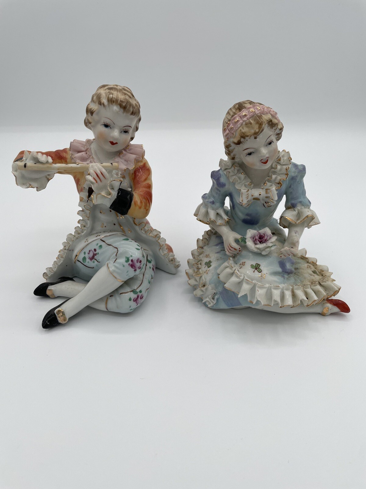 Vintage Porcelain Victorian Figurines Boy With Flute And Girl With Rose