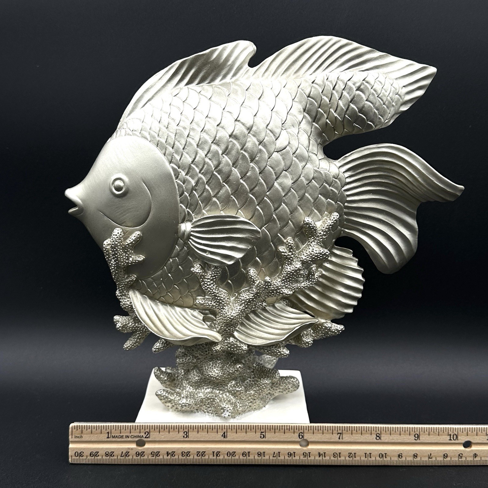Vintage Silver Metal Fish Statue on White Wood Base Coastal Nautical Decor
