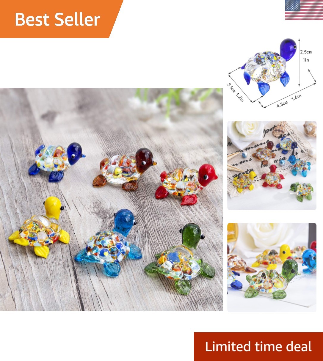 Handmade Mini Sea Turtle Art Glass Blown Sea Animal Figurine,Set of 6